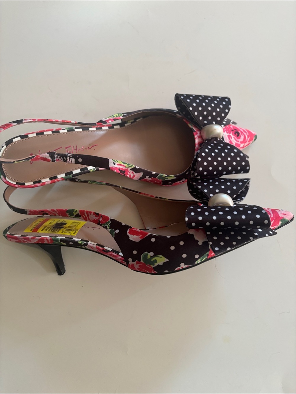 Betsey Johnson Black Floral Polka Dot Slingback Kitten Heels - Picture 7 of 8